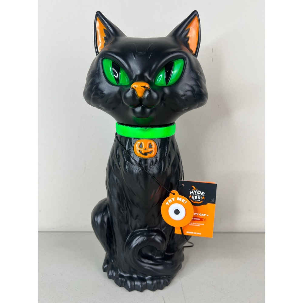 Hyde & Eek Halloween Animated Creepy Cat 16" Black Green Eyes Sounds Head Turn